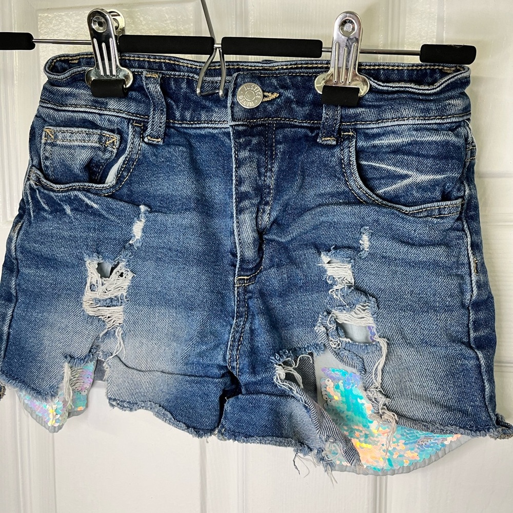 Justice Girls Denim Shorts Size 12 Distressed Sequin Lined Cutoff Shorts
